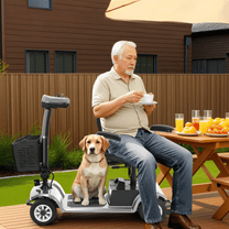 Homme âgé assis sur le scooter de mobilité SEEDREAM S-02 avec un chien