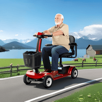 Homme âgé assis sur le scooter de mobilité SEEDREAM S-02 au bord d'un lac
