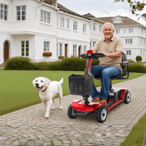 Homme âgé assis sur le scooter de mobilité SEEDREAM S-02 avec un chien