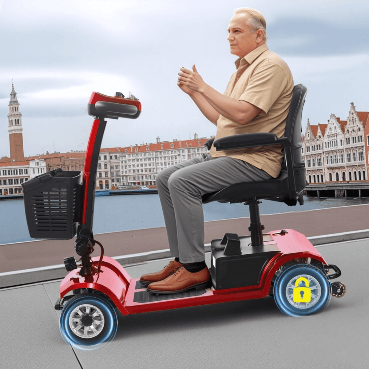 Homme âgé assis sur le scooter de mobilité SEEDREAM S-02 en ville