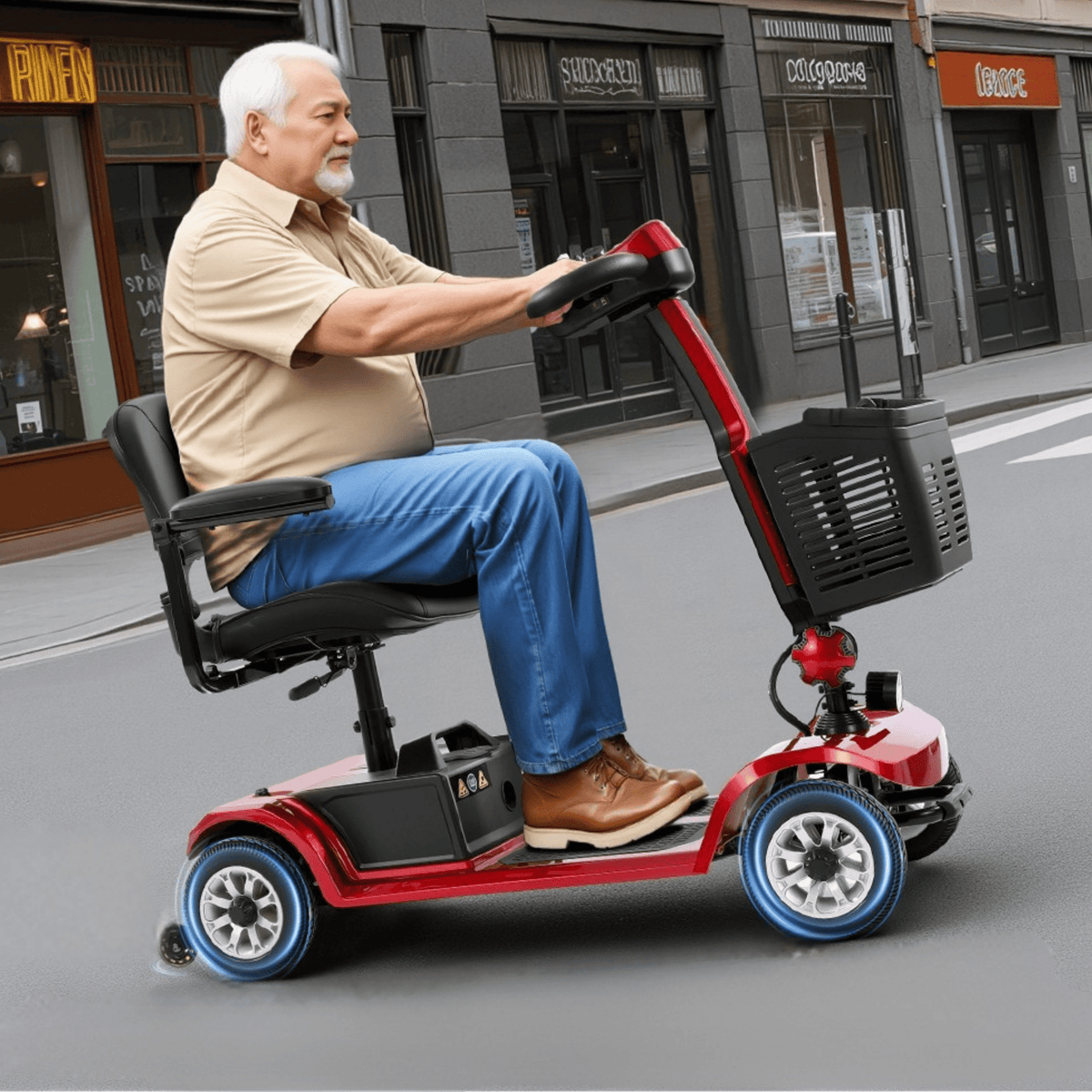 Homme âgé assis sur le scooter de mobilité SEEDREAM S-02 en ville