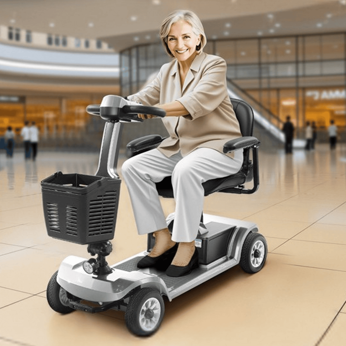Femme âgée assise sur le scooter de mobilité SEEDREAM S-02 dans un centre commercial