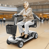 Femme âgée assise sur le scooter de mobilité SEEDREAM S-02 dans un centre commercial