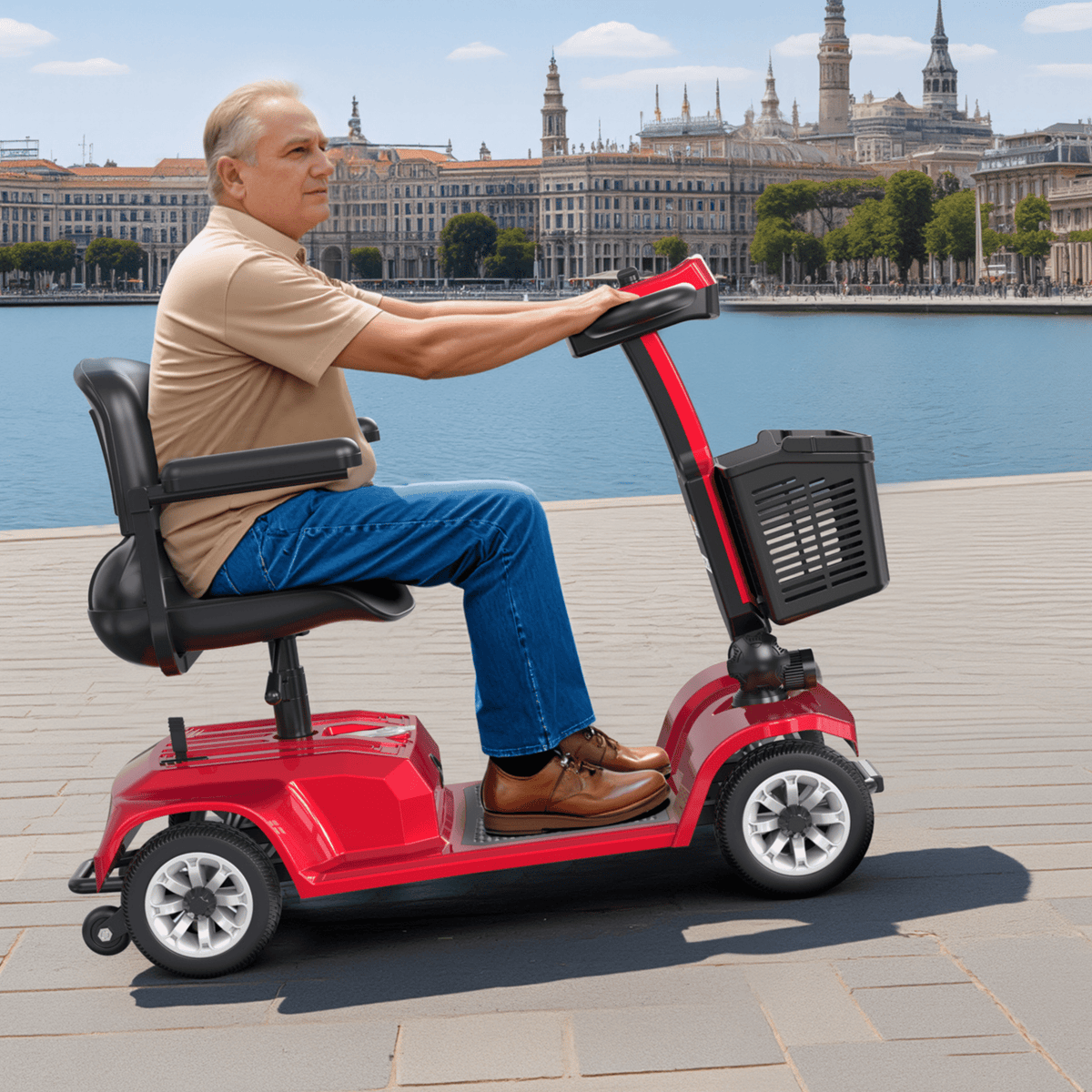 Homme âgé assis sur le scooter de mobilité SEEDREAM X-02 en ville