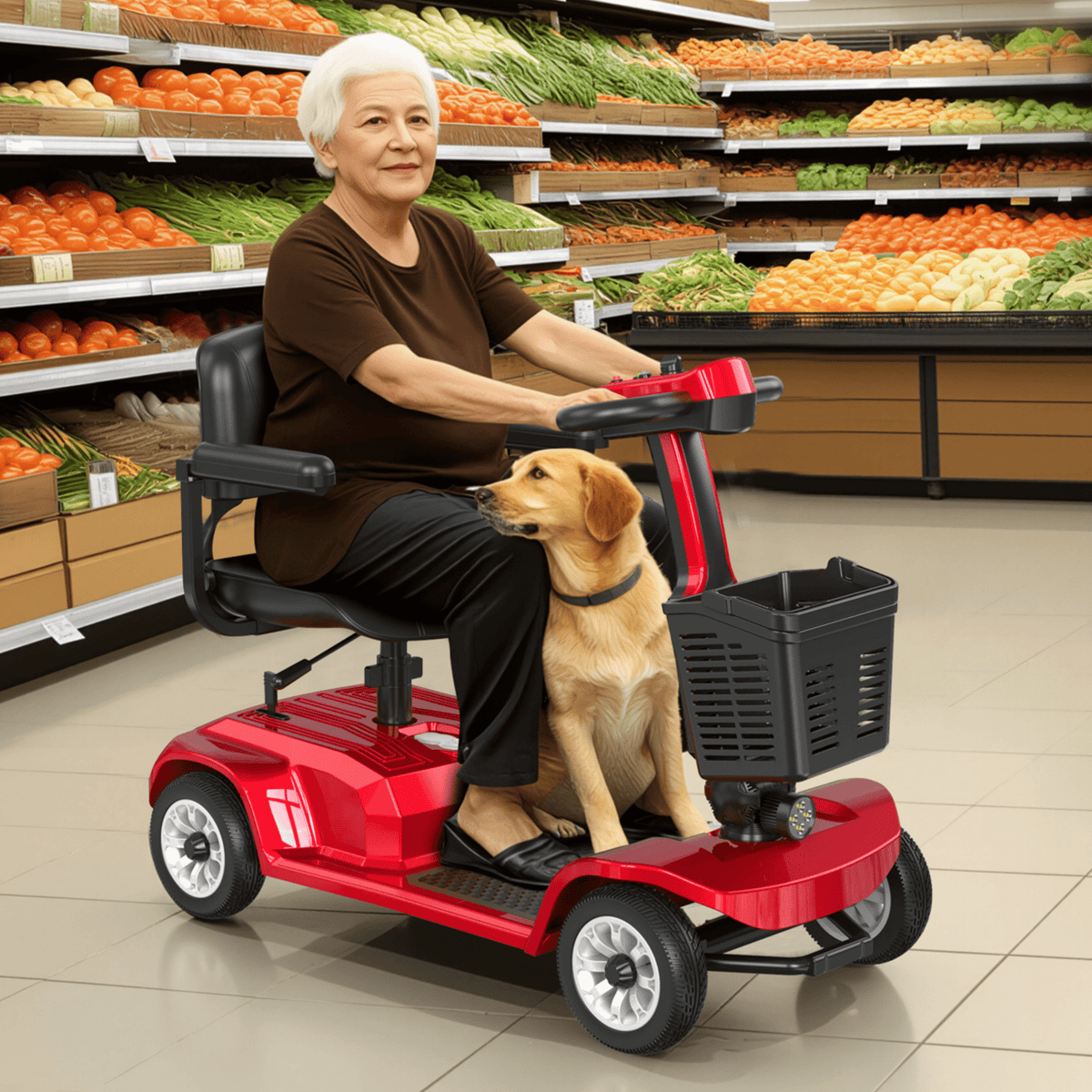 Femme âgée assise sur le scooter de mobilité SEEDREAM X-02 avec un chien