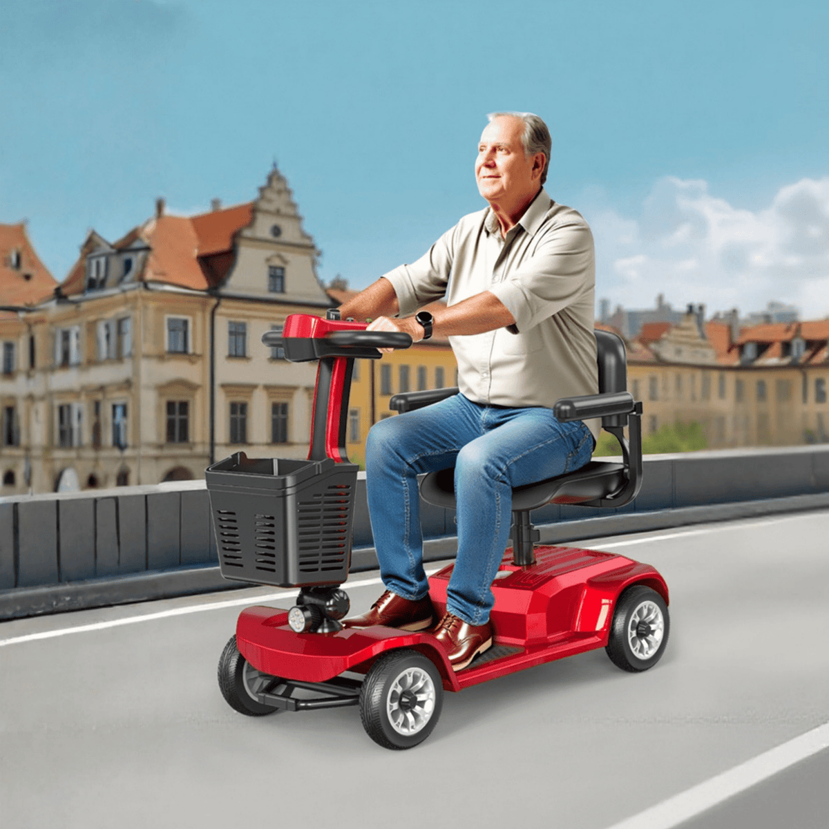 Homme âgé assis sur le scooter de mobilité SEEDREAM X-02 en ville