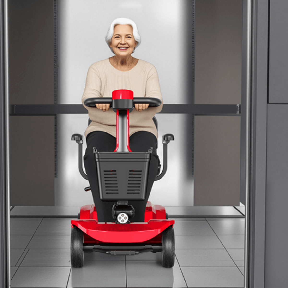 Femme âgée assise sur le scooter de mobilité SEEDREAM X-02 en intérieur