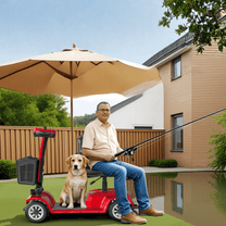 Homme âgé assis sur le scooter de mobilité SEEDREAM X-02 avec un chien