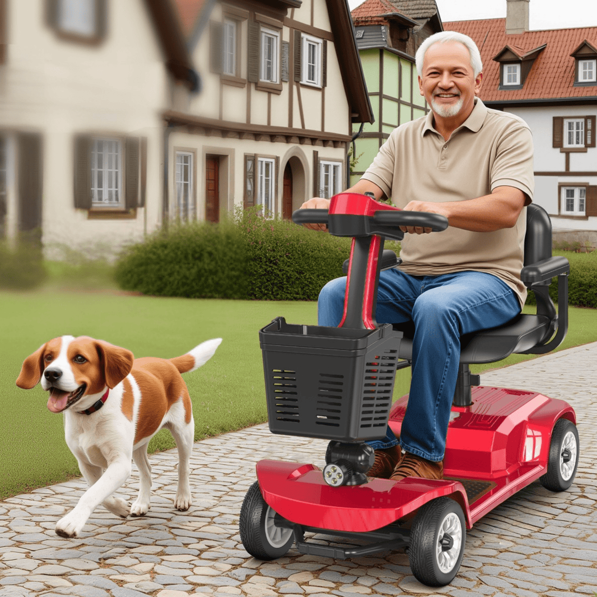 Homme âgé assis sur le scooter de mobilité SEEDREAM X-02 avec un chien
