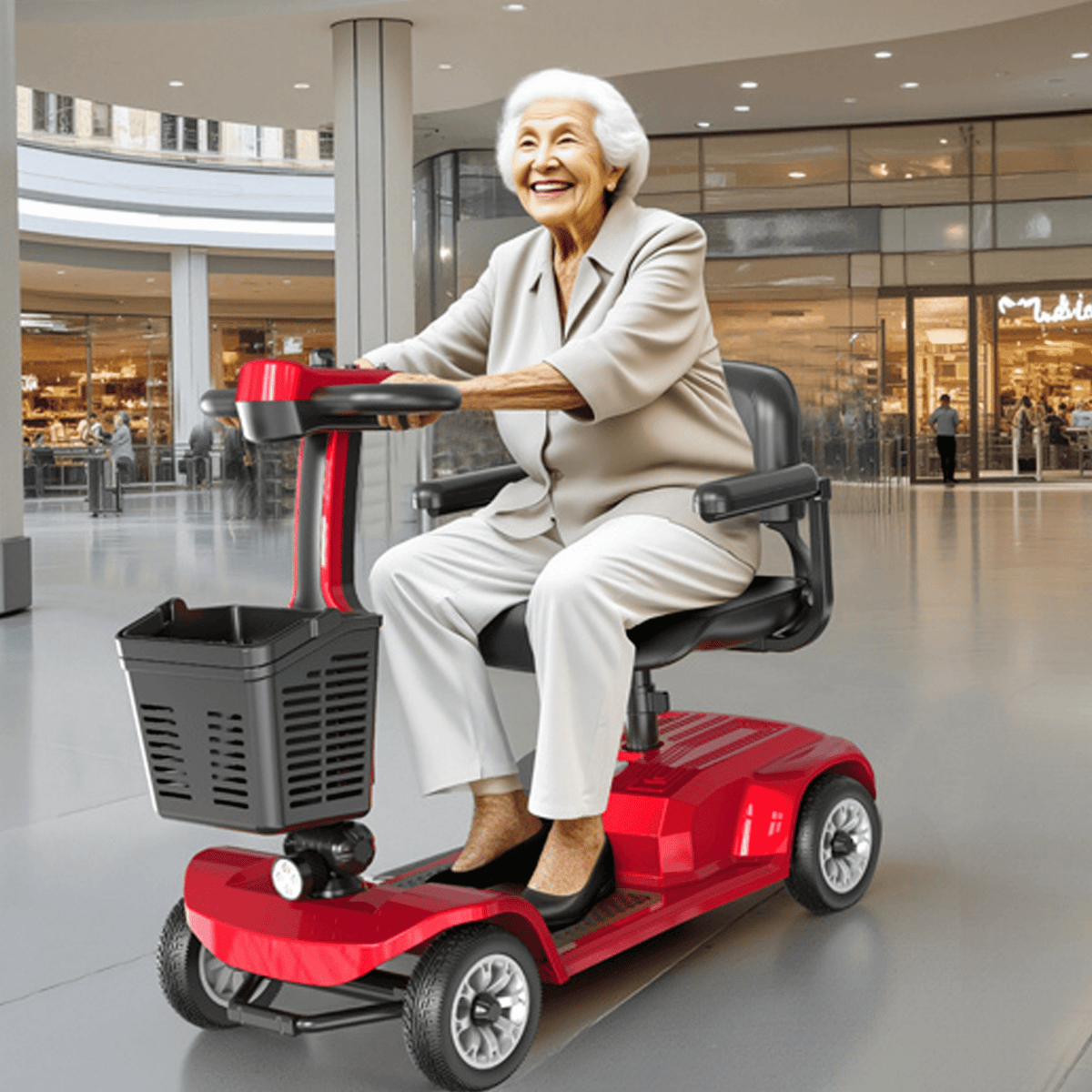 Femme âgée assise sur le scooter de mobilité SEEDREAM X-02 dans un centre commercial
