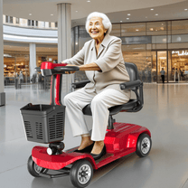 Femme âgée assise sur le scooter de mobilité SEEDREAM X-02 dans un centre commercial