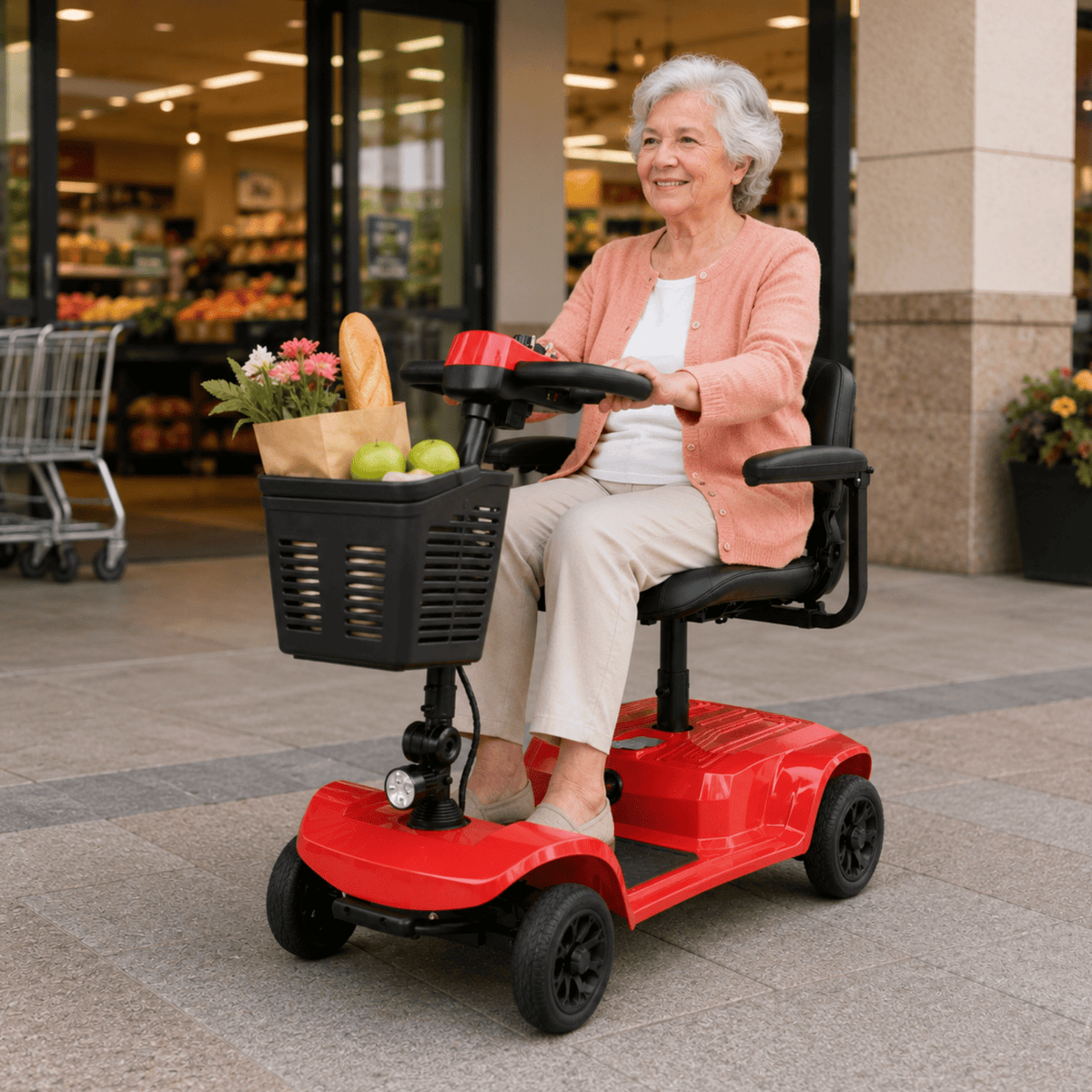 Femme âgée assise sur le scooter de mobilité SEEDREAM X-02B Lucas en ville