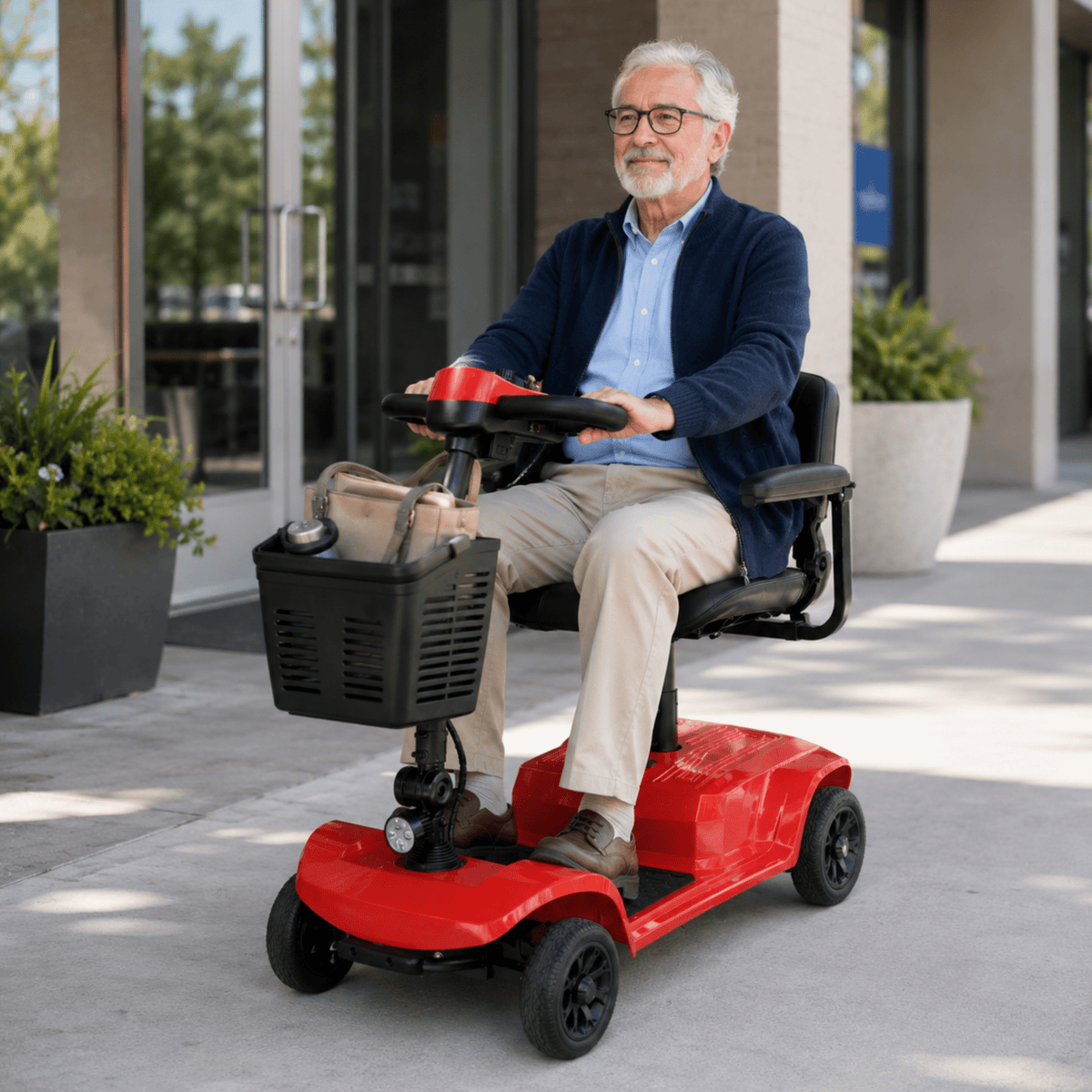 Homme âgé assis sur le scooter de mobilité SEEDREAM X-02B Lucas en ville