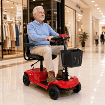 Homme âgé assis sur le scooter de mobilité SEEDREAM X-02B Lucas dans un centre commercial