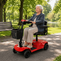 Femme âgée assise sur le scooter de mobilité SEEDREAM X-02B Lucas dans un parc