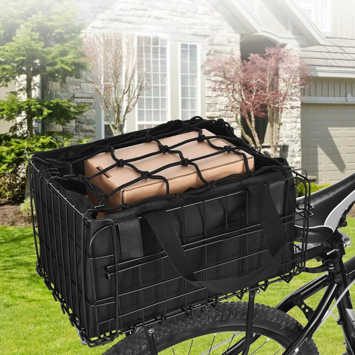Panier de vélo intelligent avec rangement amovible avec un chargement, vue arrière
