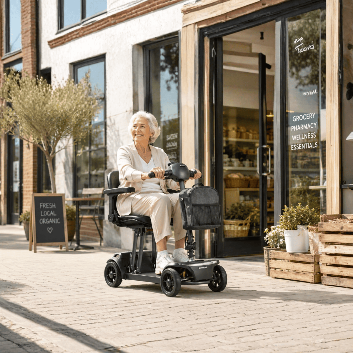 Femme âgée assise sur le scooter de mobilité Sweetrich Air Traveller en ville