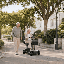 Femme âgée assise sur le scooter de mobilité Sweetrich Air Traveller en ville