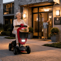 Femme âgée assise sur le scooter de mobilité Sweetrich Max Plus dans une ambiance nocturne