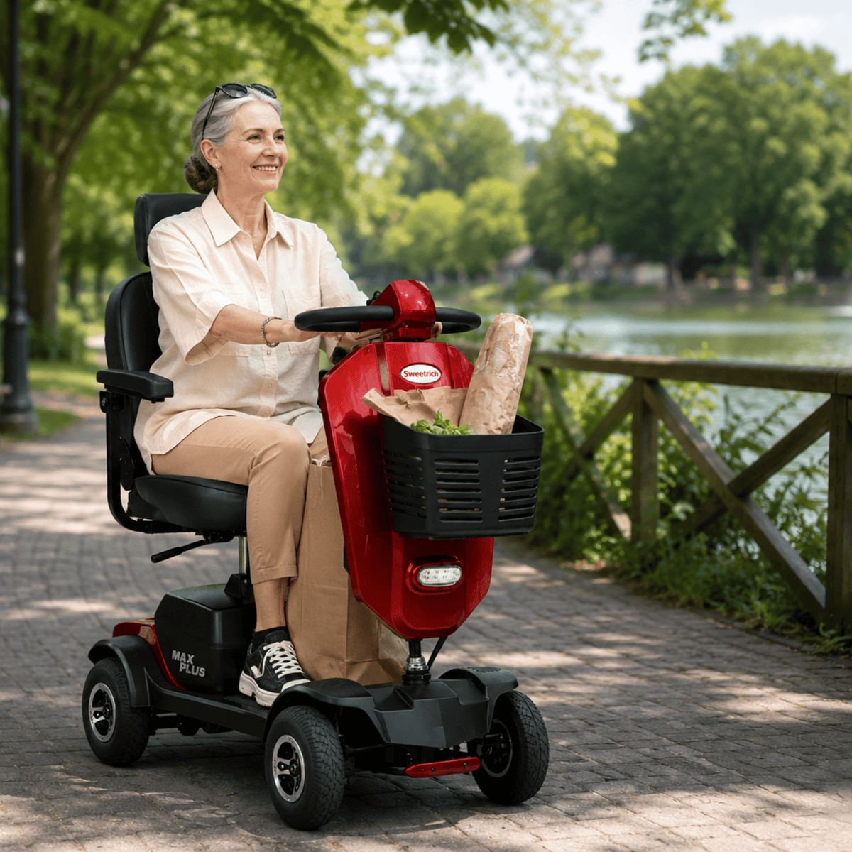 Femme âgée assise sur le scooter de mobilité Sweetrich Max Plus au bord d'un lac