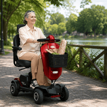 Femme âgée assise sur le scooter de mobilité Sweetrich Max Plus au bord d'un lac