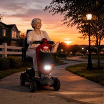 Femme âgée assise sur le scooter de mobilité Sweetrich Max Plus au coucher du soleil
