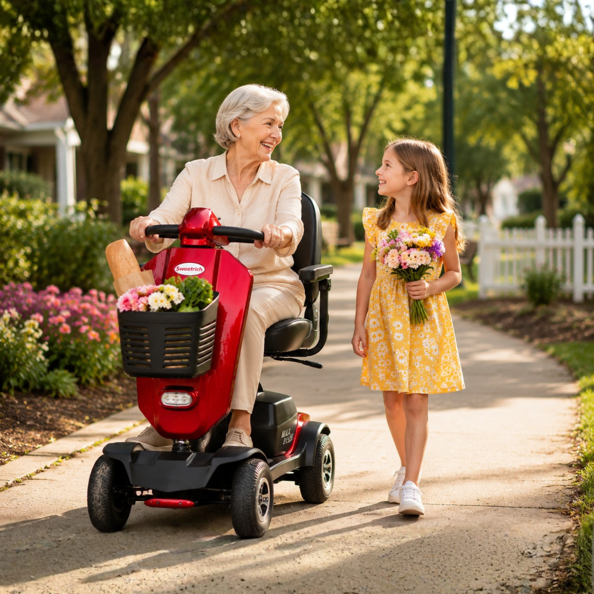 Femme âgée assise sur le scooter de mobilité Sweetrich Max Plus dans un jardin