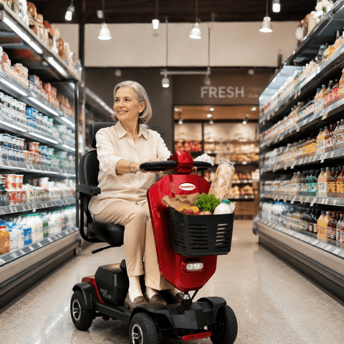 Femme âgée assise sur le scooter de mobilité Sweetrich Max Plus dans un centre commercial