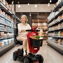 Femme âgée assise sur le scooter de mobilité Sweetrich Max Plus dans un centre commercial