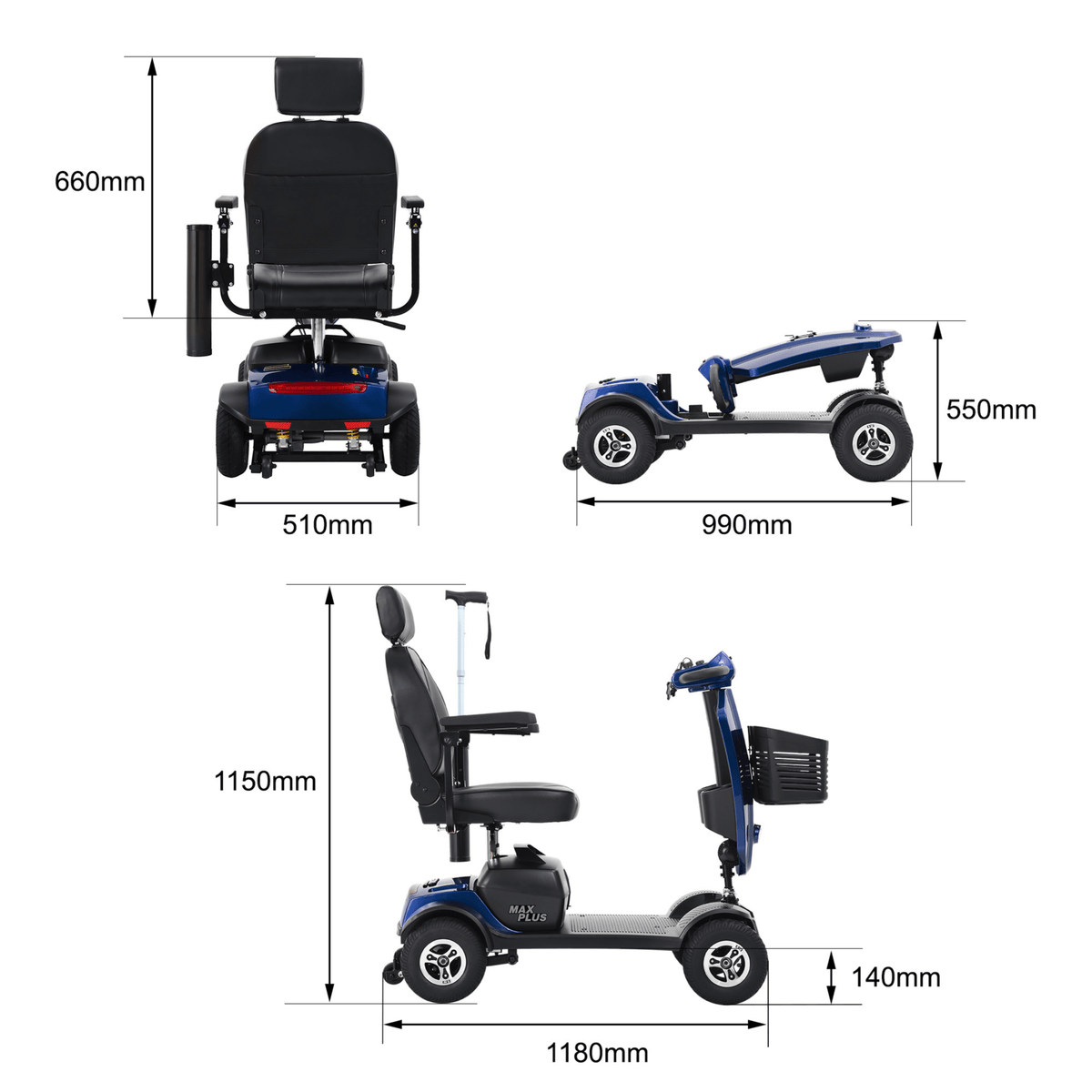 Schéma des dimensions du scooter de mobilité Sweetrich Max Plus