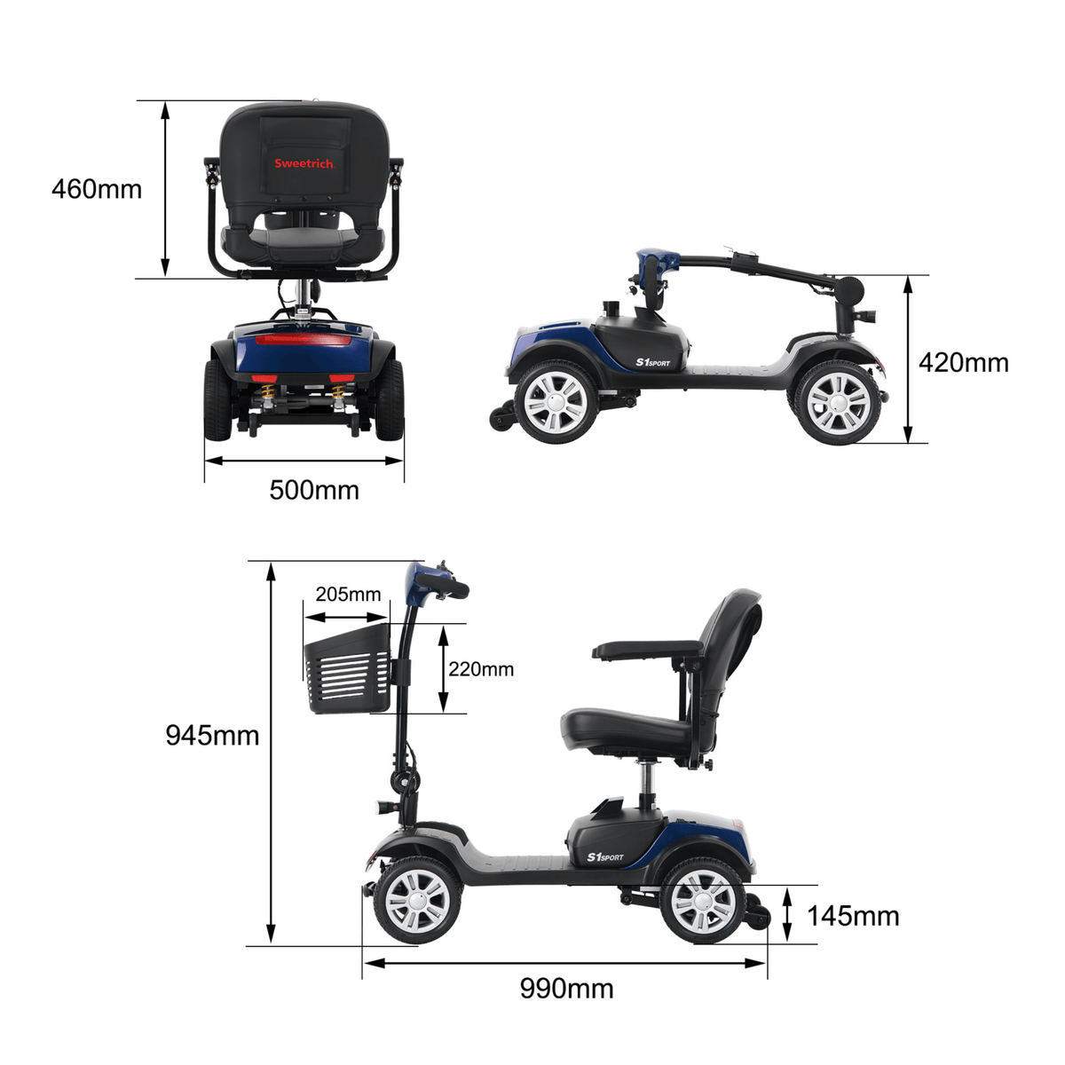 Schéma des dimensions du scooter de mobilité Sweetrich S1 Sport