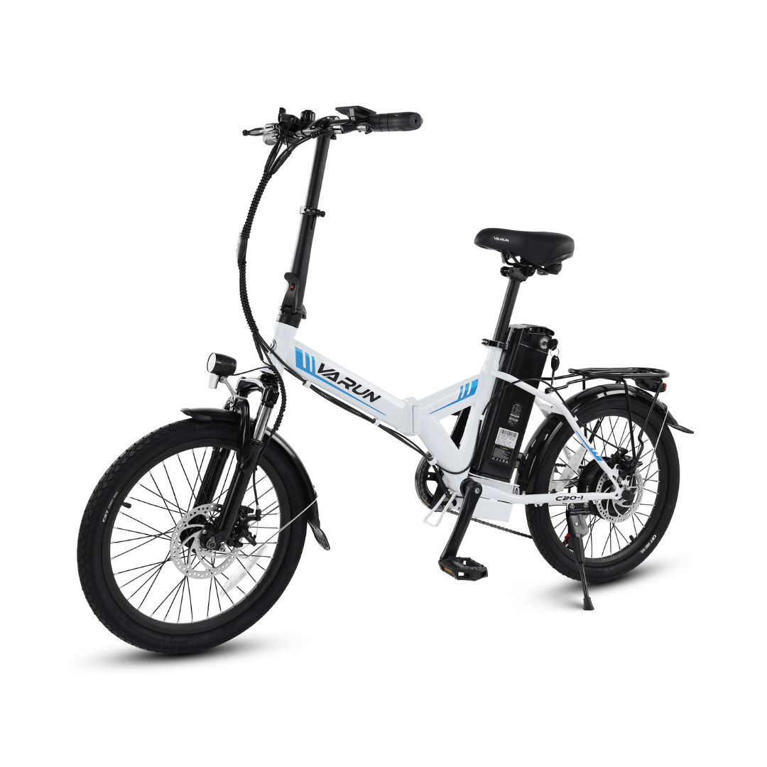 Vélo électrique pliant VARUN C20-1 Pro vu de trois-quarts avant coloris blanc