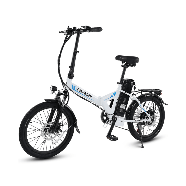 Vélo électrique pliant VARUN C20-1 Pro vu de trois-quarts avant coloris blanc