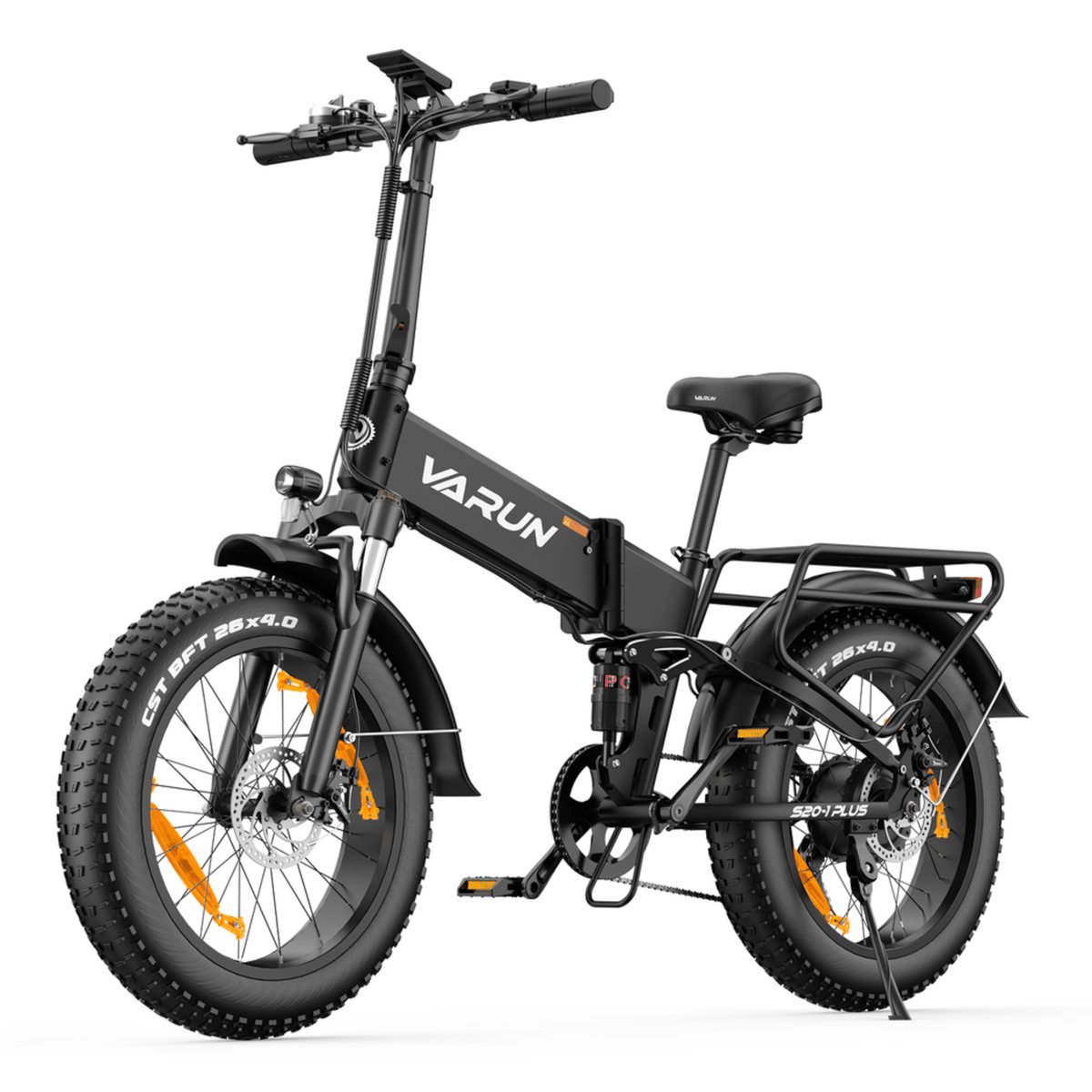 Vélo électrique pliant fat bike VARUN S20-1 Plus vu de trois-quarts avant coloris noir