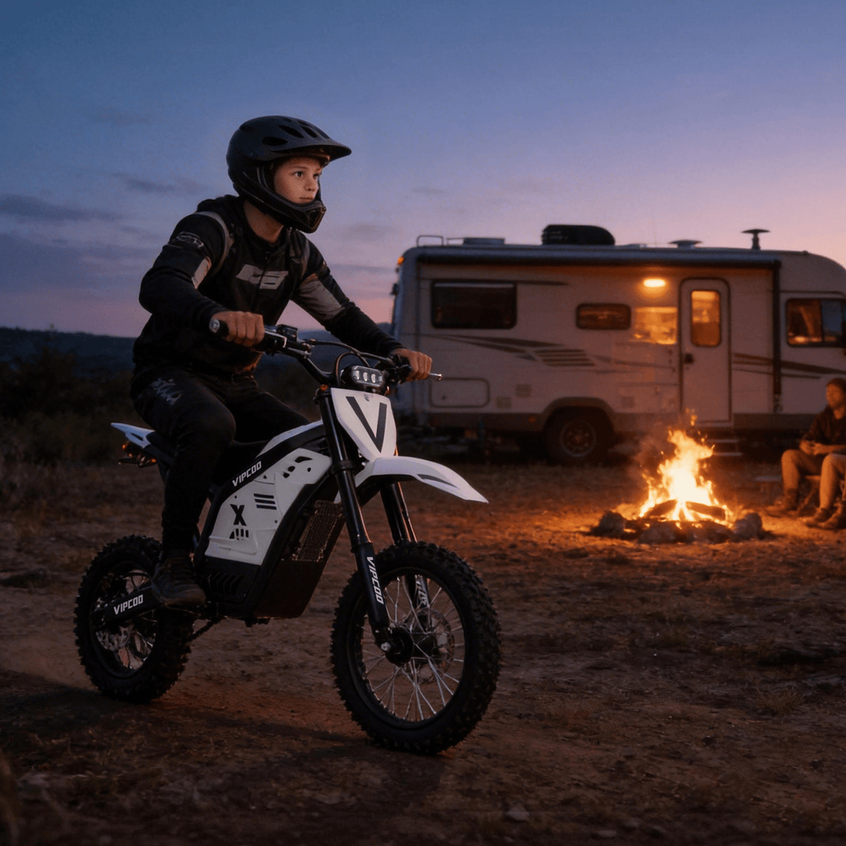 Moto-cross électrique Vipcoo H2 avec éclairage allumé dans une ambiance nocturne