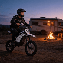 Moto-cross électrique Vipcoo H2 avec éclairage allumé dans une ambiance nocturne