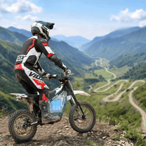 Pilote sur la moto-cross électrique Vipcoo H2 en tout-terrain en montagne