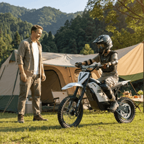 Personne debout avec la moto-cross électrique Vipcoo H2 avec un enfant