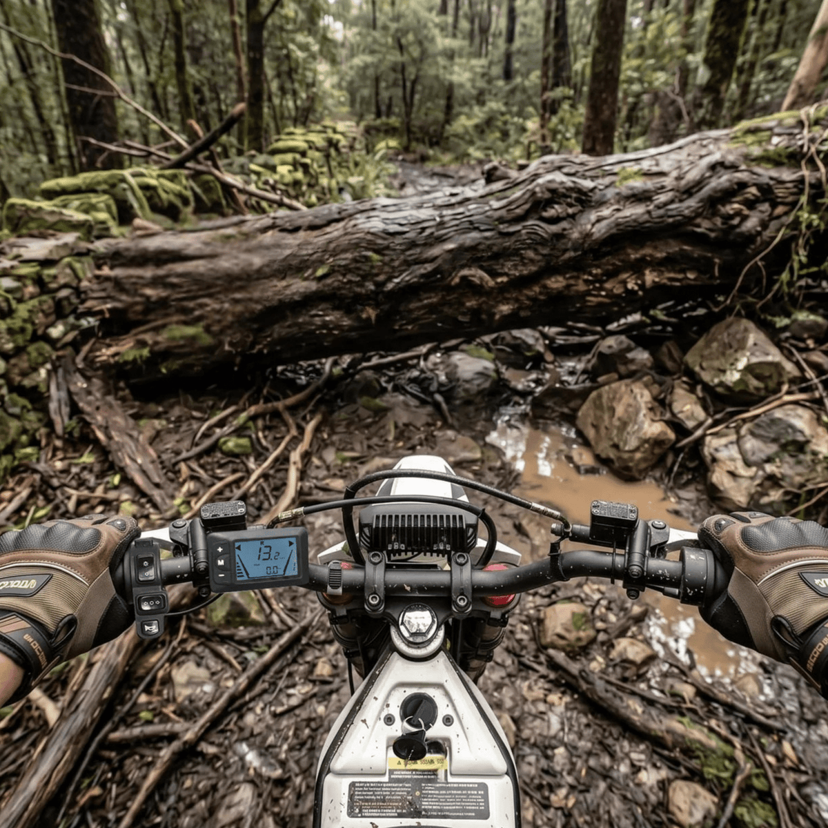 Guidon de la Vipcoo H2 avec écran et commandes en forêt