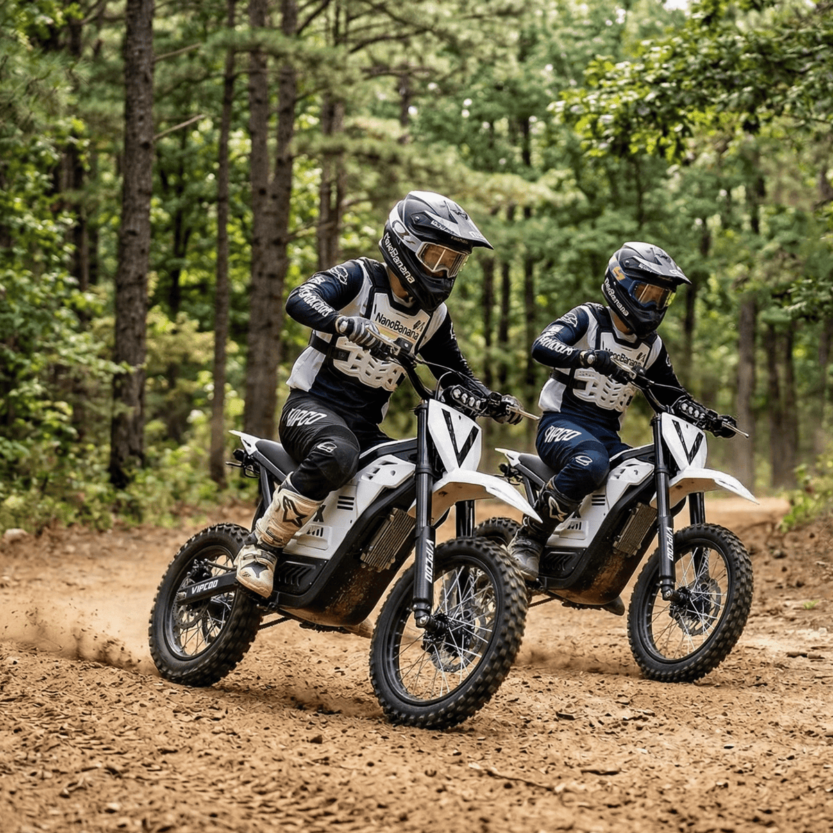 Pilote sur la moto-cross électrique Vipcoo H2 en tout-terrain en forêt