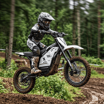 Pilote sur la moto-cross électrique Vipcoo H2 en tout-terrain en forêt