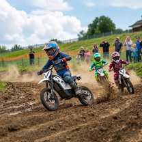 Pilote sur la moto-cross électrique Vipcoo H2 en tout-terrain sur une pelouse