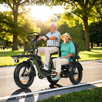 Deux personnes avec le tricycle électrique VIPCOO R1 dans un parc