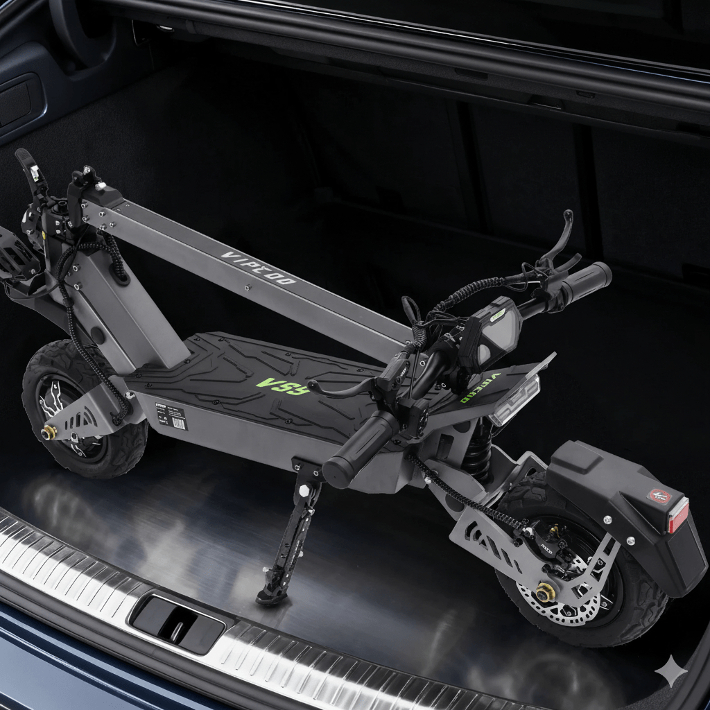 Trottinette électrique VIPCOO VS9 pliée dans le coffre d'une voiture