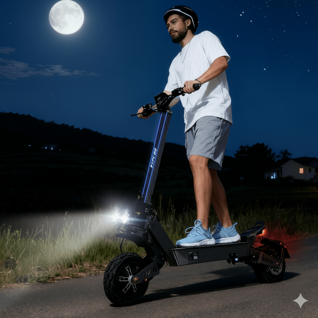 Homme roulant sur la trottinette électrique VIPCOO VS9 dans une ambiance nocturne