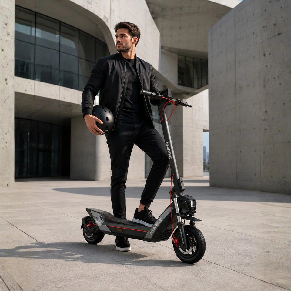 Trottinette électrique Wheelyshop – trottinette NAVEE devant une architecture moderne