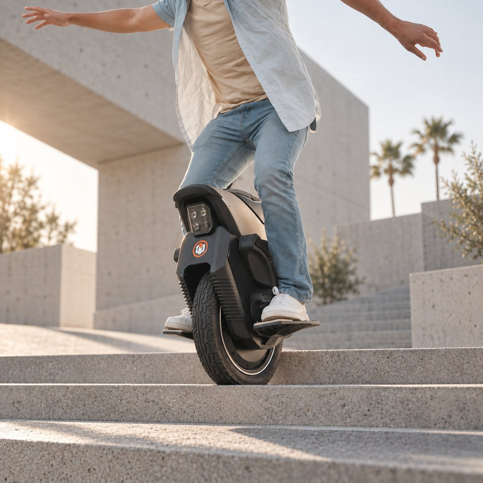 Monocycle électrique Wheelyshop – rider en équilibre sur des marches en béton au soleil