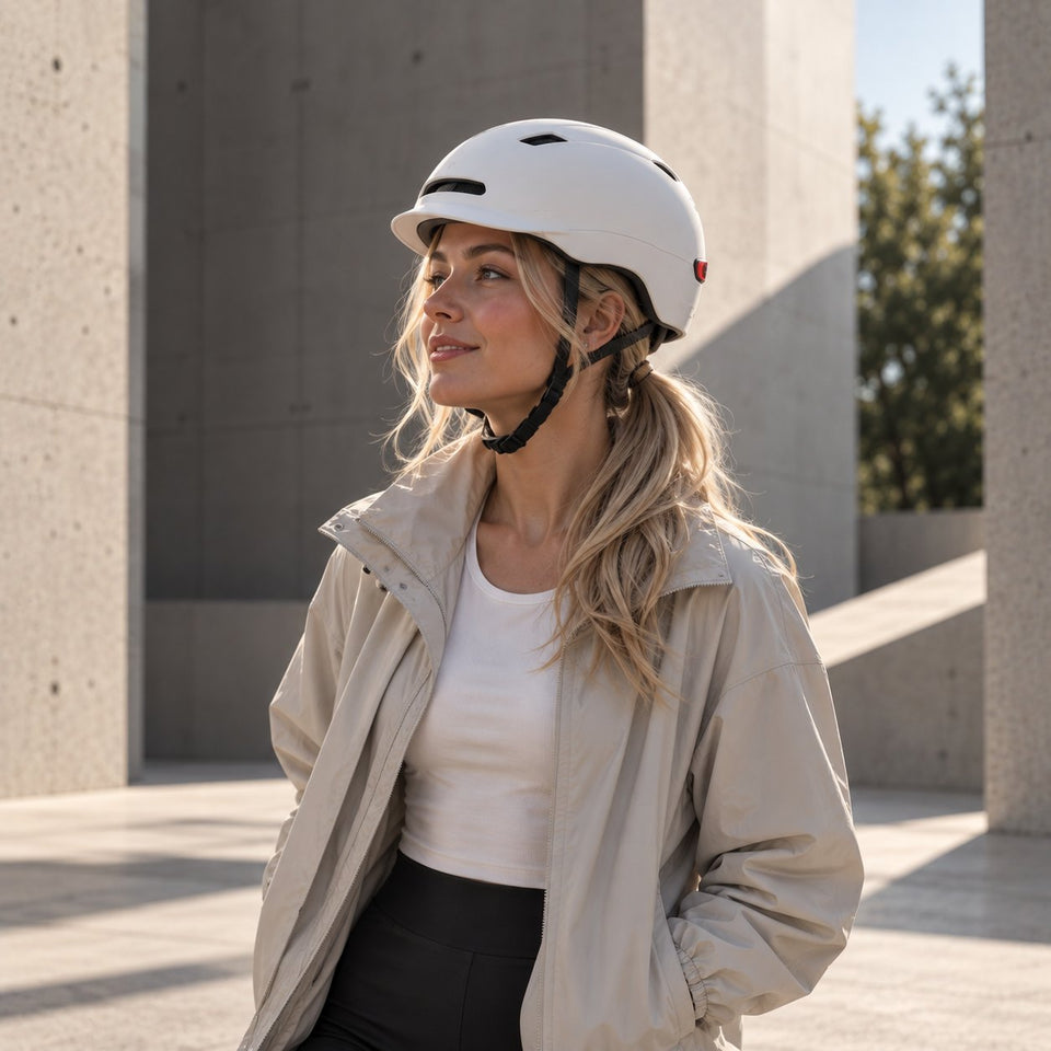 Accessoires Wheelyshop – cycliste avec un casque blanc en ville