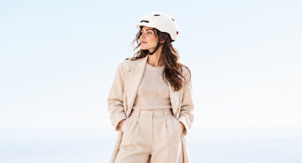 Casque pour trottinette et vélo électriques chez Wheelyshop – femme en manteau beige avec un casque blanc sous un ciel bleu