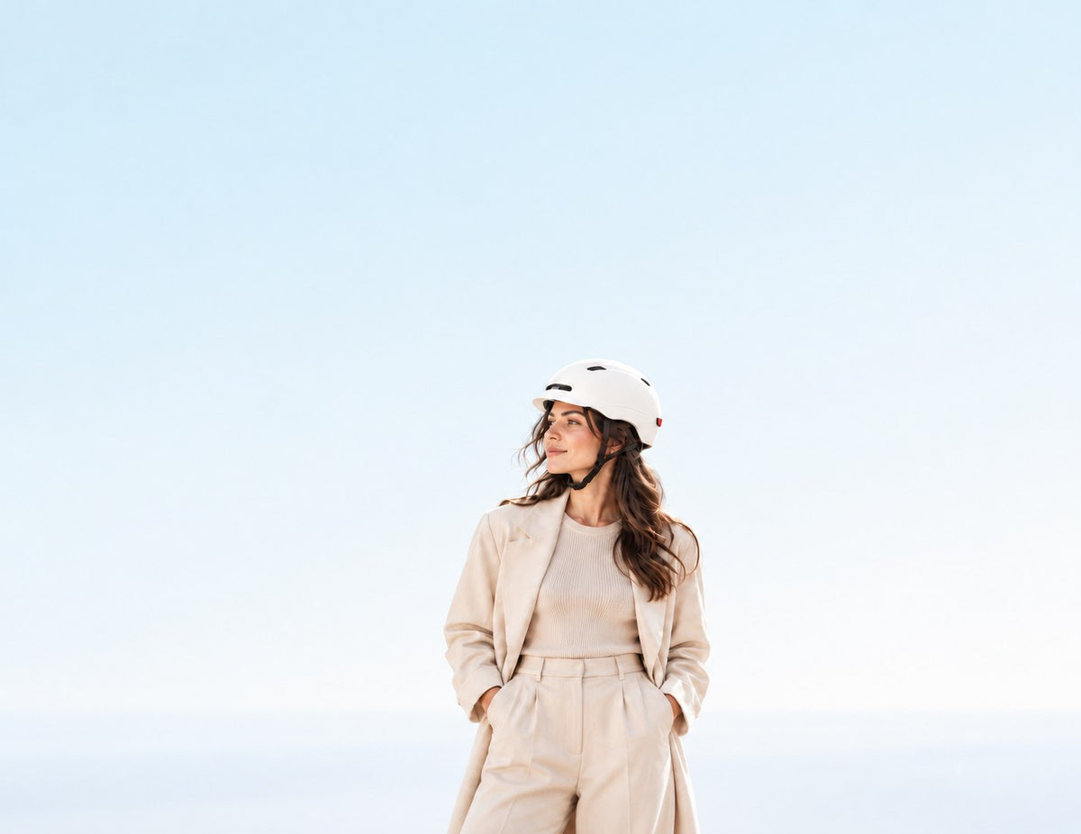 Casque pour trottinette et vélo électriques chez Wheelyshop – femme en manteau beige avec un casque blanc sous un ciel bleu